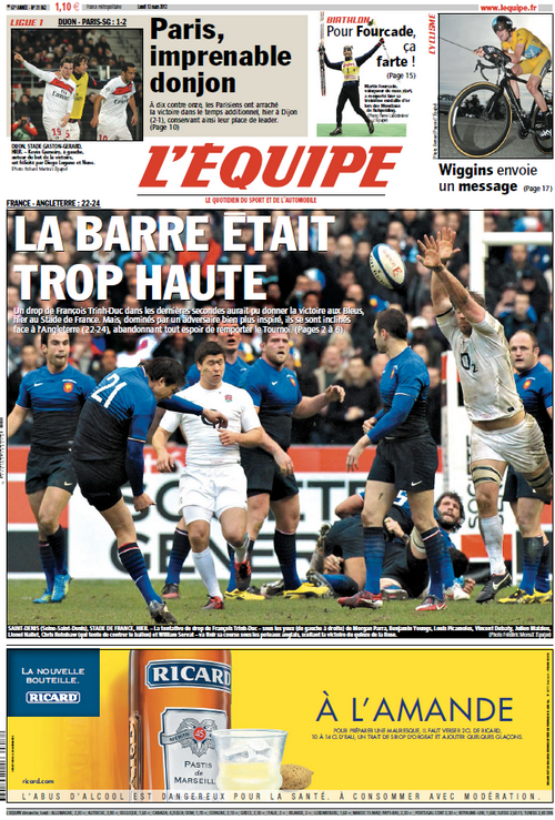 L'Equipe edition du 12 Mars 2012